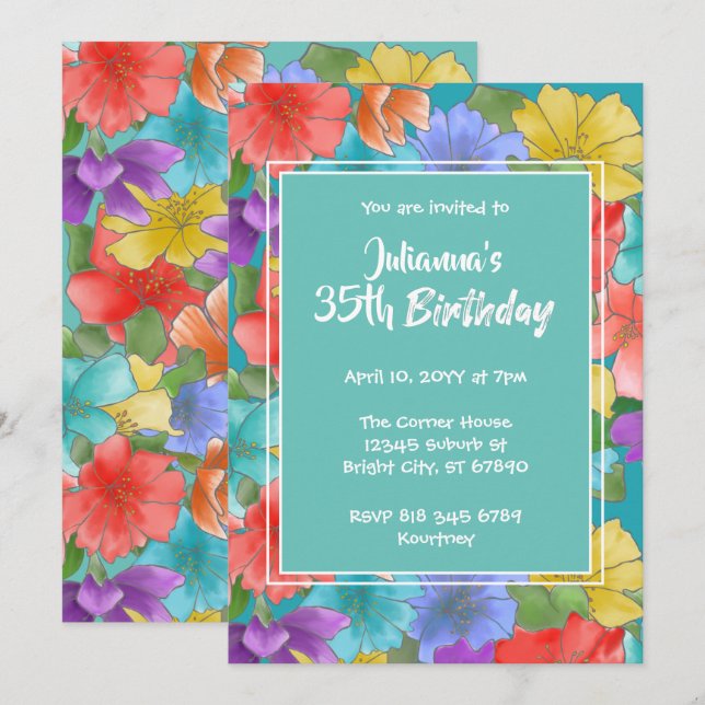 Modern Turquoise Watercolor Flora l25th Birthday Invitation (Front/Back)