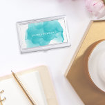 Modern Turquoise Watercolor | Personalized Business Card Case<br><div class="desc">Elegant and colorful business card holder features your name and/or business name in white,  overlaid on a vibrant watercolor inkblot in cool tropical turquoise. Matching business cards and accessories also available.</div>