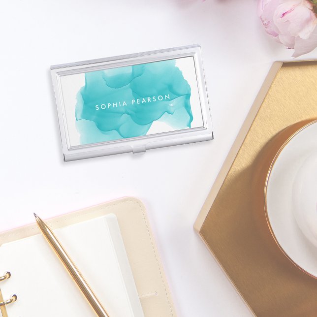 Modern Turquoise Watercolor | Personalized Business Card Case (Creator Uploaded)