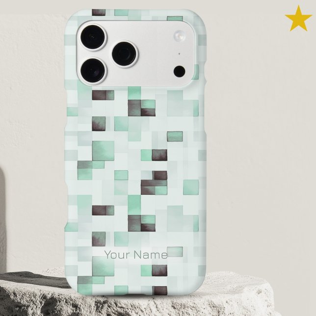 Modern Turquoise Watercolor Pixels Custom Name iPhone Case (Creator Uploaded)