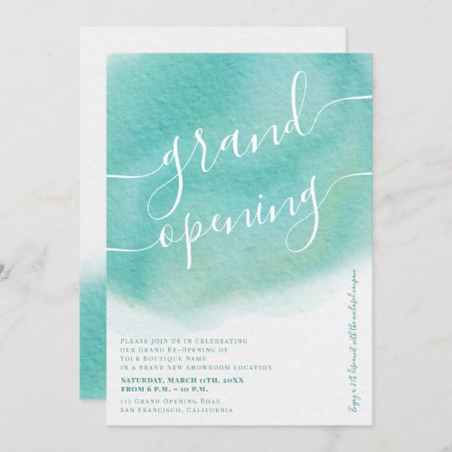 Modern turquoise watercolor wash grand opening invitation