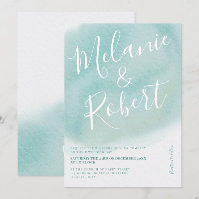 Modern turquoise watercolor wedding initials invitation (Front/Back)