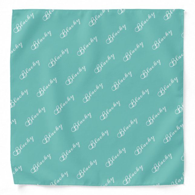 Modern Turquoise White Script Dog Name Pattern Bandana (Front)