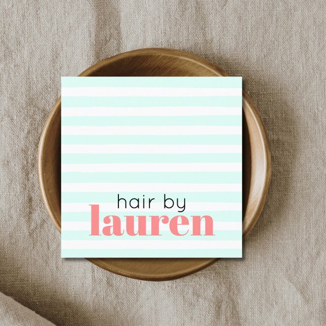 Modern Turquoise White Stripes Bold Hair Square Business Card (Creator Uploaded)