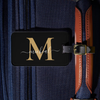 Modern Tuscany Gold & Black Monogram Script Name Luggage Tag