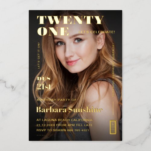 Modern Twenty One 21st Birthday Magazine Gold Foil Invitation