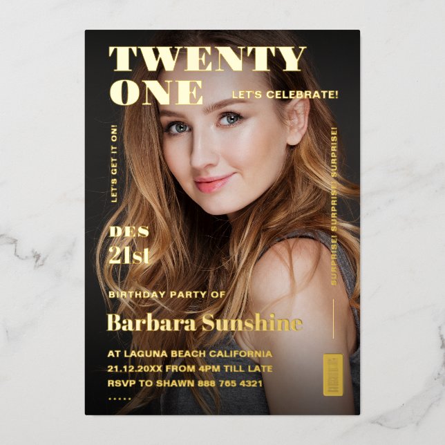 Modern Twenty One 21st Birthday Magazine Gold Foil Invitation (Front)