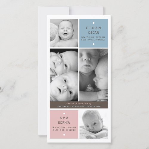 Modern Twin Babies Photo Birth Announcement