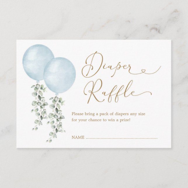Modern Twin Blue Balloons Eucalyptus Diaper Raffle Enclosure Card (Front)