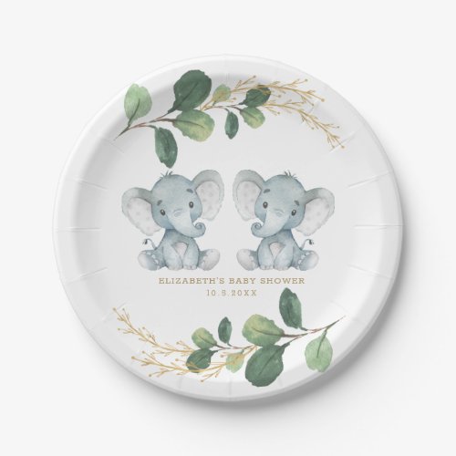 Modern Twin Elephant Greenery Gold Baby Shower Paper Plates