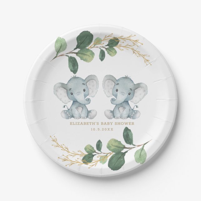 Modern Twin Elephant Greenery Gold Baby Shower Paper Plates (Front)