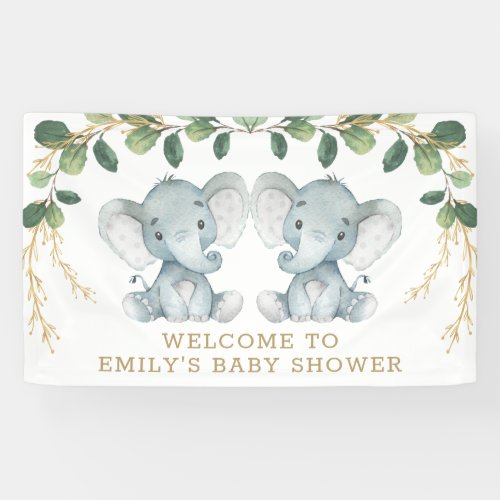 Modern Twin Elephant Jungle Greenery Baby Shower Banner