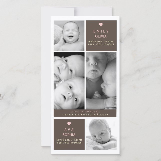 Modern Twin Girls Photo Baby Birth Announcement (Front)