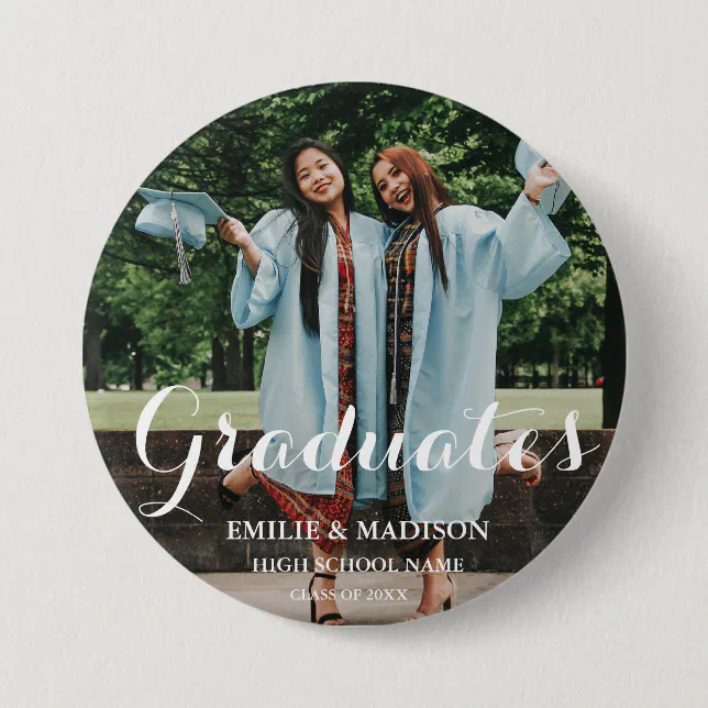 Modern Twin Graduate Script Classic Photo Button | Zazzle