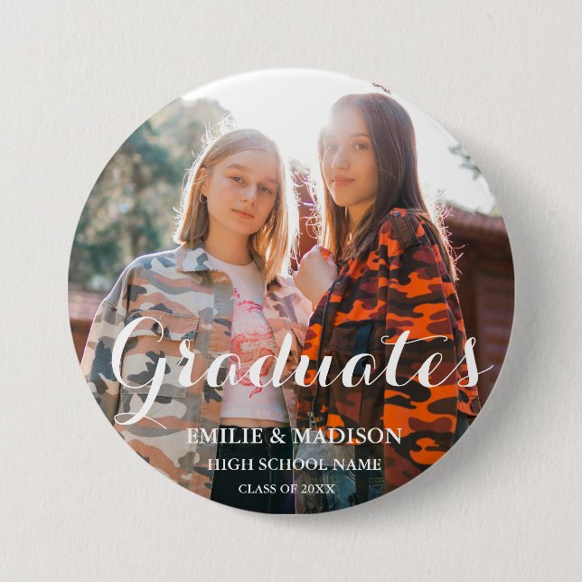 Modern Twin Graduate  Script Classic Photo Button (Front)