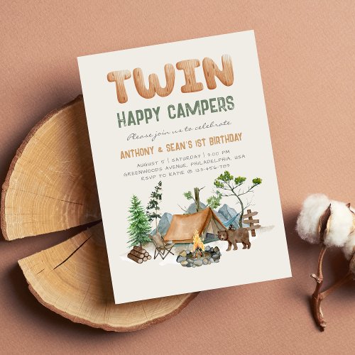 Modern Twin Happy Campers Woodland 1st Invitation