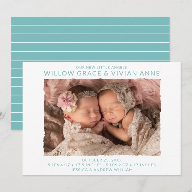 Modern Twin Photo Birth Announcement (Front/Back)