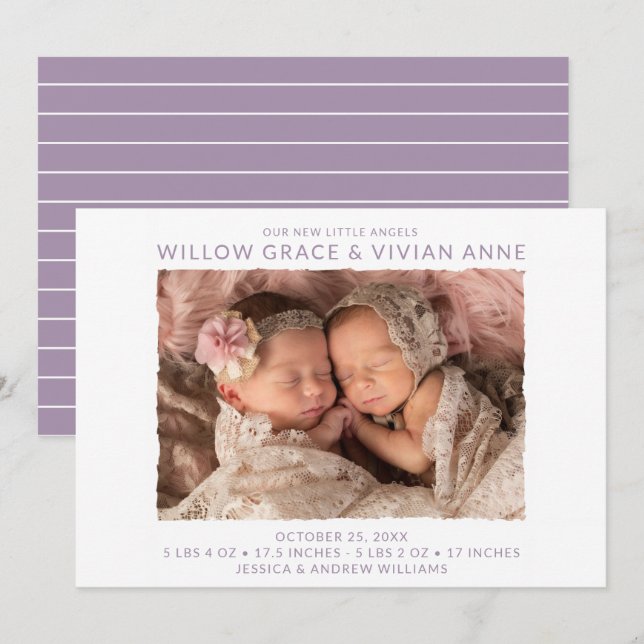 Modern Twin Photo Birth Announcement (Front/Back)