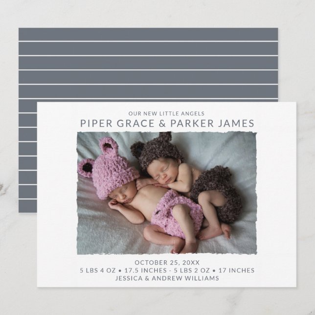 Modern Twin Photo Birth Announcement (Front/Back)