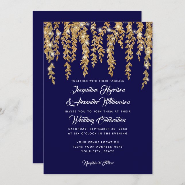 Modern Twinkle Lights Willow Tree Leaves Navy Gold Invitation (Front/Back)