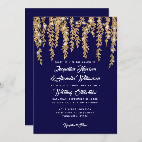 Modern Twinkle Lights Willow Tree Leaves Navy Gold Invitation