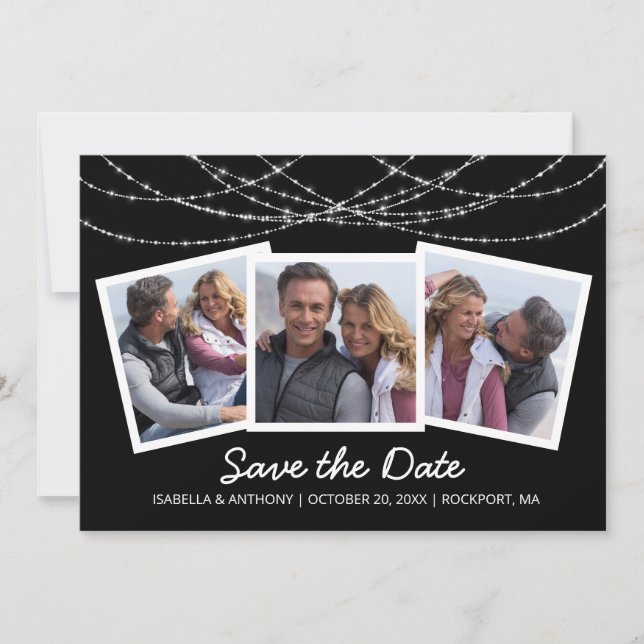 Modern Twinkle String Light Black 3-Photo Save The Date (Front)