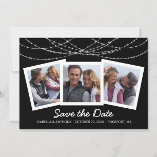 Modern Twinkle String Light Black 3-Photo Save The Date