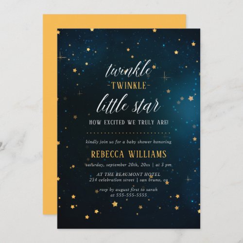 Modern Twinkle Twinkle Little Star Baby Shower Invitation - Create Your Own Custom Modern Twinkle Twinkle Little Star Baby Shower Invitation Cards using these templates by Eugene Designs. This cute design features a stylish baby shower typography, with "twinkle" and "little star" in a beautiful hand-written script font on a galaxy background with shining stars and nebula. The reverse is yellow to match the gold stars and the typography on the front. (1) Type in your custom baby shower details into the template boxes. (2) Choose from Zazzle's selection of paper stock to change the thickness and finish of your invites. (3) Change the shape of these invitation cards by selecting your favorite cut. Wishing you a wonderful day!