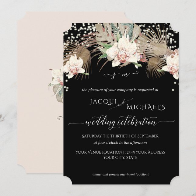 Modern Twinkle White Orchid Floral BOHO Tropical Invitation (Front/Back)