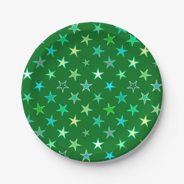 Modern Twinkling Stars, Emerald and Lime Green Paper Plates (Front)