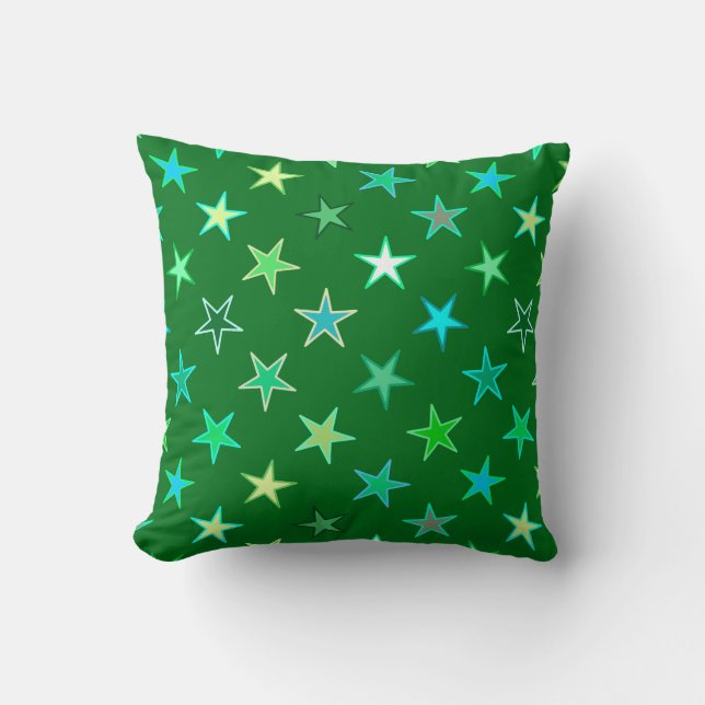 Modern Twinkling Stars, Emerald and Lime Green Throw Pillow (Front)