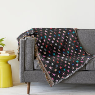 Modern Twinkling Stars, Jewel Colors on Black Throw Blanket
