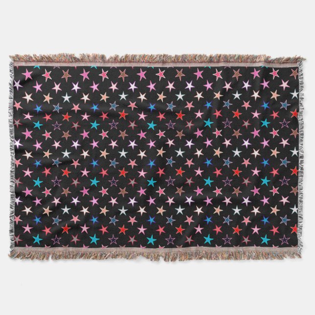 Modern Twinkling Stars, Jewel Colors on Black Throw Blanket (Front)