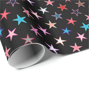 Modern Twinkling Stars, Jewel Colors on Black Wrapping Paper