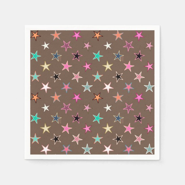 Modern Twinkling Stars, Taupe Tan & multi Pastels Paper Napkins (Front)