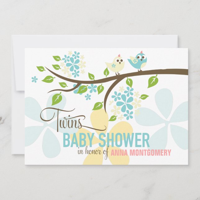 Modern Twins Boys Cute Birds & Flowers Baby Shower Invitation (Front)
