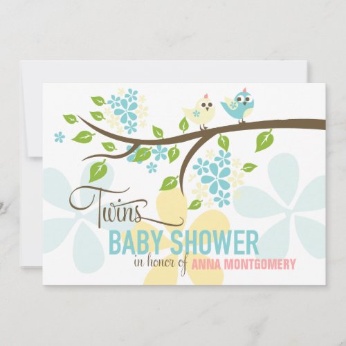 Modern Twins Boys Cute Birds &amp; Flowers Baby Shower Custom Invite
