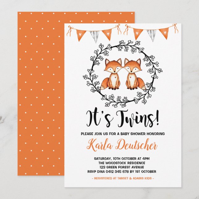 Modern Twins Fox Baby Shower Orange Black Party Invitation (Front/Back)