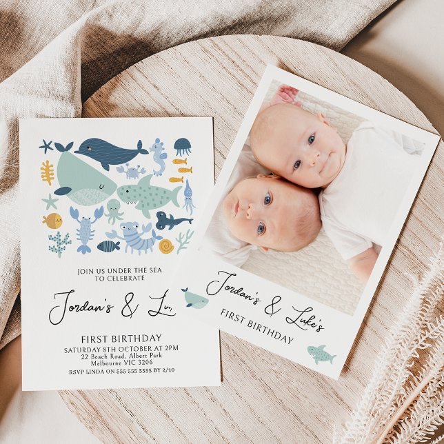 Modern Twins Photo Sea Creatures Boys 1st Birthday Invitation (Modern twin boy's sea creatures or onder the sea first birthday invitation with a photo on the back.)