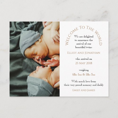 Modern Twins Welcome to the World Photo Typography Postcard