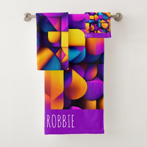 Modern twitch 3D Yellow Violet Isometric Pattern Bath Towel Set