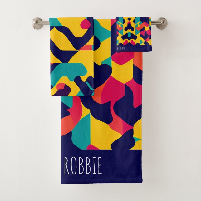 Modern twitch Yellow Blue Pink Geometric Pattern Bath Towel Set (Insitu)