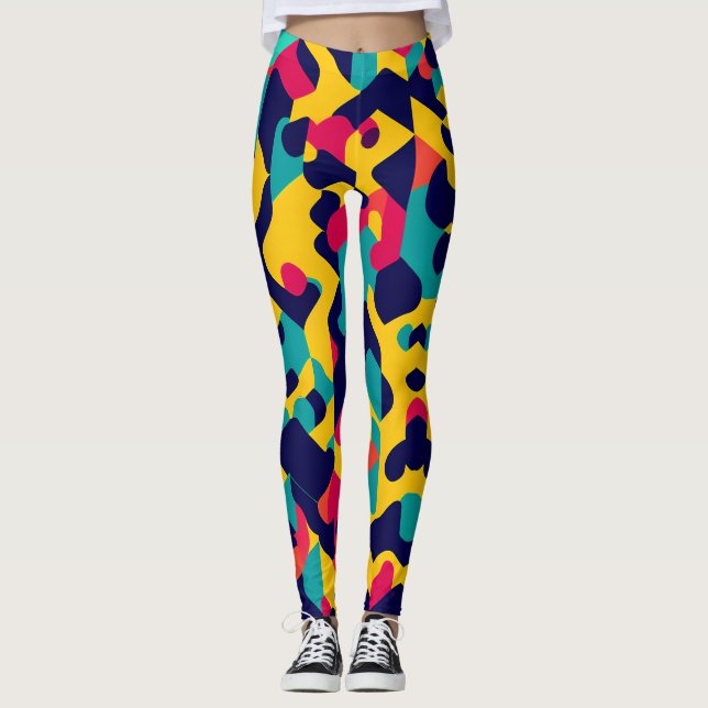 Modern twitch Yellow Blue Pink Geometric Pattern Leggings (Front)