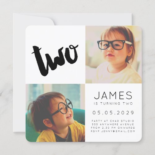 Modern TWO 2nd Birthday Party Boy Girl Photo Card