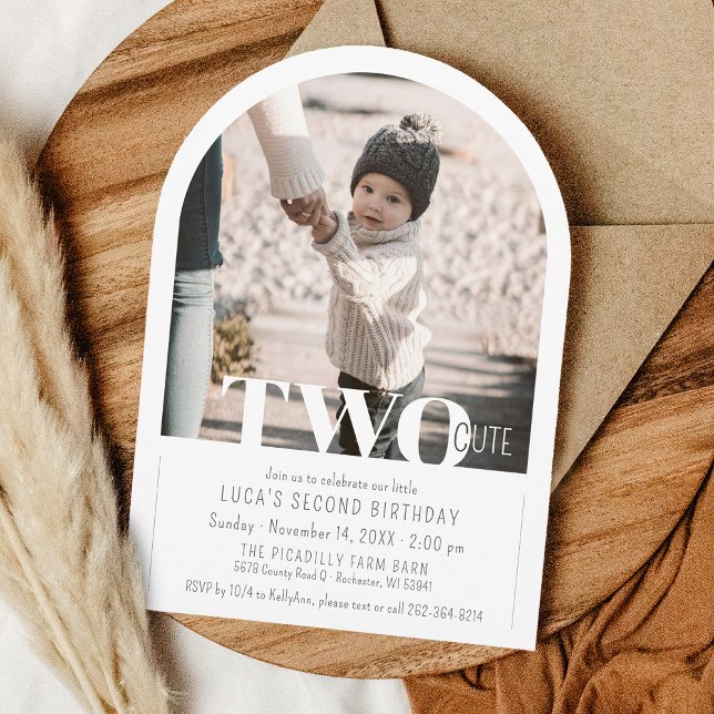 Modern TWO Cute Photo Arch 2nd Birthday Party Invitation (Printable TWO CUTE arch photo minimalist modern children kids girl or boy birthday party invitation)