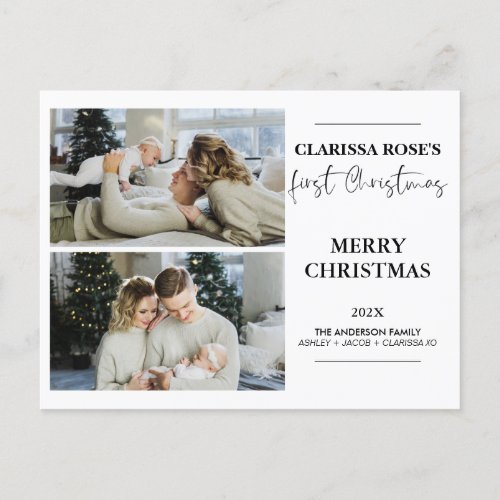 Modern Two Family Photo First Christmas Postcard