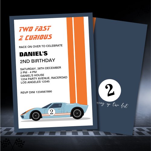 Modern Two Fast Race Car Boy 2nd Birthday Invitation
