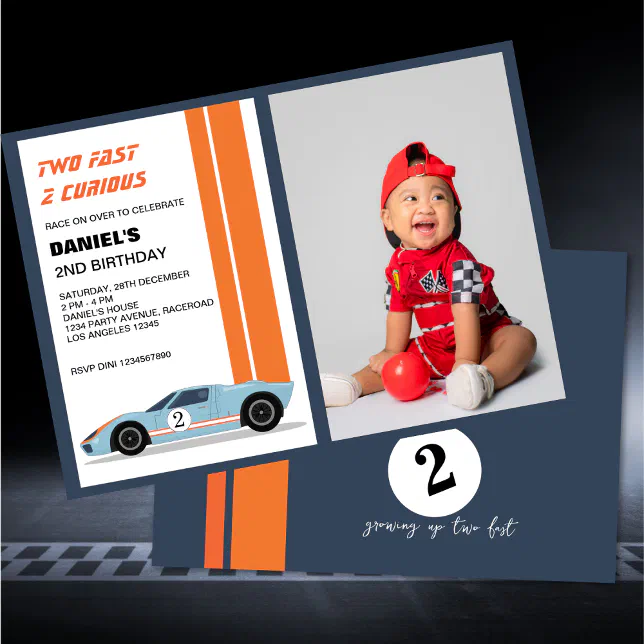 Modern Two Fast Race Car Boy 2nd Birthday Poto Invitation Zazzle
