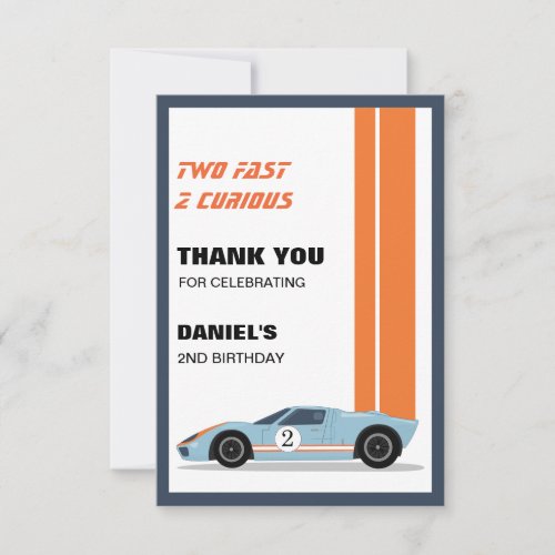 Modern Two Fast Race Car Boy 2nd Birthday Thank You Card