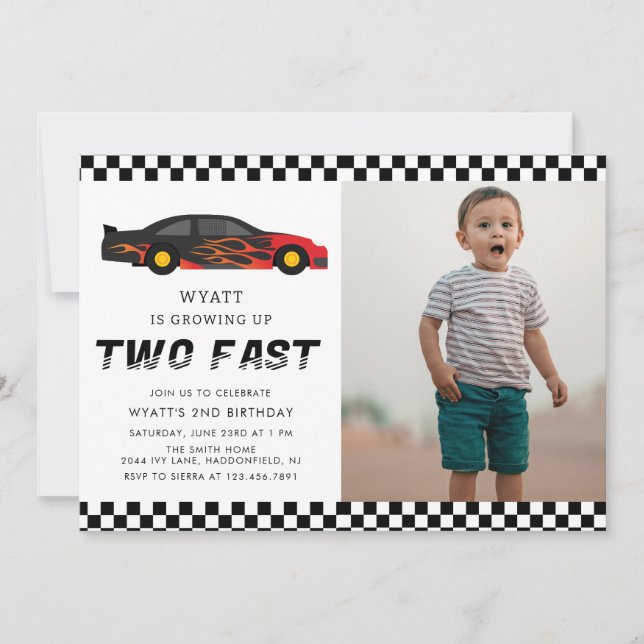 Modern Two Fast Racecar Boy 2nd Birthday Invitation (Front)